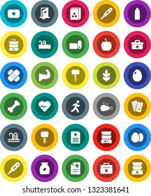 White Solid Icon Set- double boiler vector, cereal, egg, chicken leg, diet, heart pulse, muscule hand, water bottle, fitness mat, cereals, breads, pool, first aid kit, bone, run, doctor bag, patch
