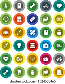 White Solid Icon Set- double boiler vector, mushroom, apple fruit, heart pulse, bike, muscule hand, buttocks, breads, first aid kit, bone, hoop, doctor bag, thermometer, dropper, patch, anamnesis