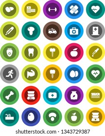 White Solid Icon Set- double boiler vector, cereal, egg, mushroom, potato, apple fruit, diet, barbell, heart pulse, muscule hand, breads, first aid kit, bone, run, thermometer, dropper, patch, tooth