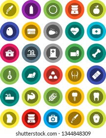 White Solid Icon Set- double boiler vector, cereal, egg, chicken leg, apple fruit, heart pulse, muscule hand, buttocks, water bottle, fitness mat, cereals, pool, first aid kit, bone, hoop, dropper