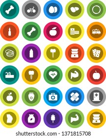 White Solid Icon Set- double boiler vector, cereal, egg, potato, oil, apple fruit, diet, heart pulse, bike, muscule hand, buttocks, water bottle, breads, first aid kit, bone, hoop, patch, pool