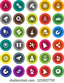 White Solid Icon Set- drawing compass vector, atom, telescope, magnet, flask, pills, molecule, oxygen, satellite, antenna, vial, dna, microscope, drop counter, ovule