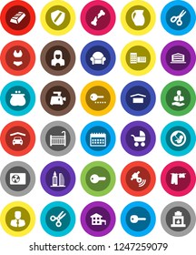 White Solid Icon Set- drying clothes vector, cleaner woman, jug, school building, scissors, gold ingot, manager, calendar, swimsuite, client, dry cargo, satellitie, pregnancy, broken bone, shield