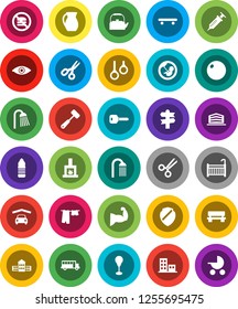 White Solid Icon Set- drying clothes vector, shower, kettle, meat hammer, jug, school building, scissors, bus, punching bag, fitball, muscule hand, skateboard, water bottle, no fastfood, signpost