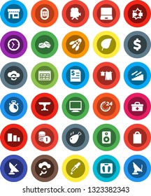 White Solid Icon Set- drying clothes vector, cook timer, chicken leg, schedule, leaf, coin stack, annual report, dollar sign, scales, stairways run, shuttlecock, stadium, clock, sorting, notebook pc