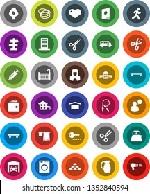 White Solid Icon Set- drying clothes vector, cleaner woman, kettle, jug, school building, bus, wallet, gold ingot, jump rope, skateboard, hoop, run, signpost, dry cargo, speaking man, heart, syringe
