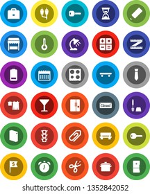 White Solid Icon Set- drying clothes vector, toilet brush, washing powder, pan, oven, pencil, case, table lamp, alarm clock, sand, dollar flag, tie, calendar, measuring, skateboard, traffic light