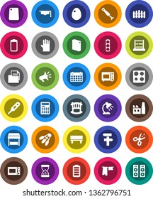 White Solid Icon Set- drying clothes vector, washing powder, rubber glove, cutting board, microwave oven, egg, graduate hat, table lamp, calculator, abacus, calendar, shuttlecock, traffic light