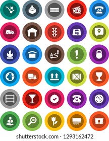 White Solid Icon Set- earth vector, attention, money, traffic light, phone, 24, client, traking, truck trailer, sea container, delivery, car, clock, wood box, glass, dry cargo, top sign, no trolley