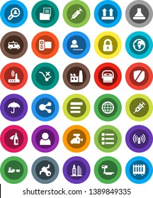 White Solid Icon Set- earth vector, satellite, port, umbrella, top sign, no trolley, protected, big scales, video camera, syringe, amkbulance car, potion, menu, router, share, globe, user, login