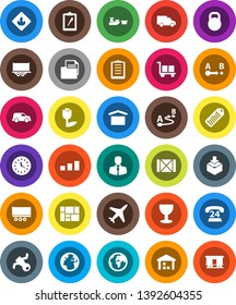 White Solid Icon Set- earth vector, plane, satellite, phone 24, client, truck trailer, car, clock, port, wood box, consolidated cargo, clipboard, document, glass, dry, tulip, warehouse, package