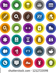 White Solid Icon Set- egg vector, potato, barbell, bike, horizontal bar, fitball, swimsuite, roller Skates, pills, calendar, pool, heart monitor, oxygen, weight, ambulance star, thermometer, bottle