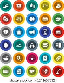 White Solid Icon Set- egg vector, pasta, potato, graph, coin stack, annual report, sand clock, boxing glove, oxygen, Railway carriage, wood box, cargo, barcode, loudspeaker, settings, mortar, hub