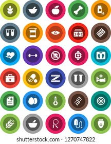 White Solid Icon Set- egg vector, diet, barbell, measuring, scales, stadium, pills vial, jump rope, target, sports nutrition, heart monitor, cereals, no fastfood, bone, doctor bag, pulse, eye