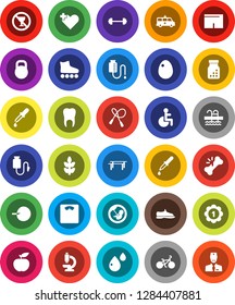 White Solid Icon Set- egg vector, diet, barbell, scales, bike, jump rope, horizontal bar, snickers, shorts, roller Skates, medal, cereals, pool, no alcohol sign, weight, disabled, heart cross, tooth
