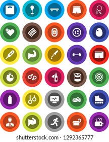 White Solid Icon Set- egg vector, barbell, scales, stopwatch, jump rope, punching bag, muscule hand, shorts, roller Skates, skateboard, target, sports nutrition, water bottle, gymnast rings, run