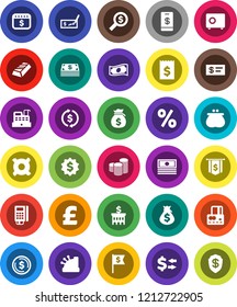 White Solid Icon Set- exchange vector, dollar coin, gold ingot, credit card, cash, money bag, stack, check, bank building, receipt, search, medal, flag, safe, calendar, any currency, pound, wallet