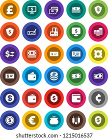 White Solid Icon Set- exchange vector, dollar coin, japanese candle, credit card, wallet, cash, stack, check, shield, monitor, any currency, euro sign, pound, cent, money