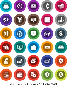 White Solid Icon Set- exchange vector, dollar coin, japanese candle, credit card, wallet, cash, investment, stack, check, shield, monitor, pound, yen sign, cent, money