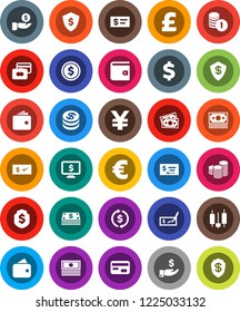 White Solid Icon Set- exchange vector, dollar coin, japanese candle, credit card, wallet, cash, investment, stack, check, shield, monitor, euro sign, pound, yen, money