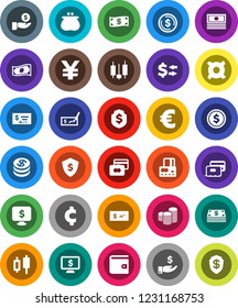 White Solid Icon Set- exchange vector, dollar coin, japanese candle, credit card, wallet, cash, investment, stack, check, shield, monitor, any currency, euro sign, yen, cent