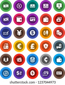 White Solid Icon Set- exchange vector, dollar coin, japanese candle, credit card, wallet, cash, investment, stack, check, shield, monitor, euro sign, pound, yen, cent, money