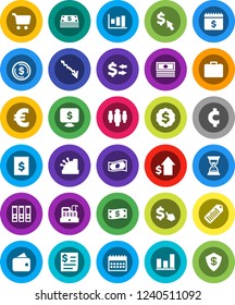 White Solid Icon Set- exchange vector, dollar coin, graph, cart, cash, crisis, case, growth, man, binder, sand clock, medal, calendar, monitor, cursor, euro sign, cent, receipt, barcode, wallet