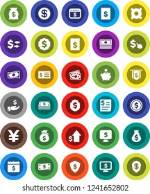 White Solid Icon Set- exchange vector, dollar coin, cash, money bag, piggy bank, investment, growth, receipt, medal, flag, shield, calendar, monitor, cursor, any currency, yen sign