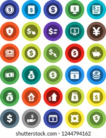 White Solid Icon Set- exchange vector, dollar coin, money bag, piggy bank, investment, growth, receipt, medal, shield, calendar, monitor, cursor, any currency, yen sign, cash