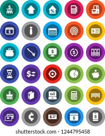 White Solid Icon Set- exchange vector, pie graph, laptop, credit card, crisis, percent growth, piggy bank, building, calculator, receipt, target, binder, sand clock, arrow up, tie, dollar calendar