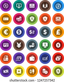 White Solid Icon Set- exchange vector, dollar coin, japanese candle, credit card, wallet, cash, investment, stack, check, shield, monitor, any currency, euro sign, pound, yen, money