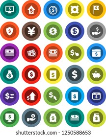 White Solid Icon Set- exchange vector, dollar coin, cash, money bag, piggy bank, investment, growth, receipt, medal, flag, shield, calendar, monitor, cursor, any currency, yen sign