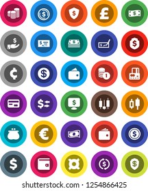 White Solid Icon Set- exchange vector, dollar coin, japanese candle, credit card, wallet, cash, investment, stack, check, shield, monitor, any currency, euro sign, pound, cent