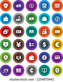 White Solid Icon Set- exchange vector, dollar coin, japanese candle, credit card, wallet, cash, investment, shield, monitor, euro sign, yen, cent, money, check