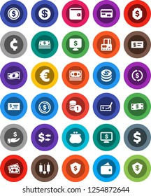 White Solid Icon Set- exchange vector, dollar coin, japanese candle, credit card, wallet, cash, investment, stack, check, shield, monitor, euro sign, cent, money