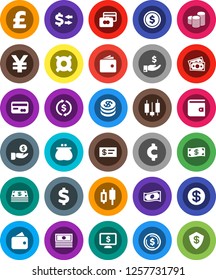 White Solid Icon Set- exchange vector, dollar coin, japanese candle, credit card, wallet, cash, investment, stack, monitor, any currency, pound, yen sign, cent, money, check, shield