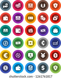 White Solid Icon Set- exchange vector, dollar coin, japanese candle, credit card, wallet, cash, investment, stack, check, shield, monitor, any currency, euro sign, yen, cent, money