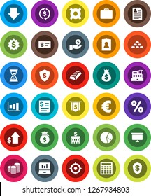 White Solid Icon Set- exchange vector, graph, gold ingot, pie, laptop, money bag, case, investment, dollar growth, coin stack, bank building, calculator, target, sand clock, arrow down, medal, flag