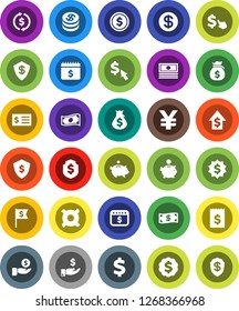 White Solid Icon Set- exchange vector, dollar coin, cash, money bag, piggy bank, investment, growth, receipt, medal, flag, shield, calendar, cursor, any currency, yen sign