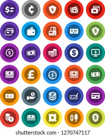 White Solid Icon Set- exchange vector, dollar coin, japanese candle, credit card, cash, investment, stack, check, shield, monitor, any currency, pound, cent sign, money, wallet