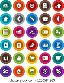 White Solid Icon Set- exchange vector, gold ingot, cart, japanese candle, crisis, piggy bank, case, dollar growth, coin stack, auction, check, annual report, calculator, receipt, target, man, shield