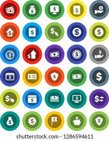 White Solid Icon Set- exchange vector, dollar coin, cash, money bag, piggy bank, investment, growth, receipt, medal, flag, shield, calendar, monitor, cursor, sign