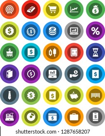 White Solid Icon Set- exchange vector, dollar coin, graph, gold ingot, pie, cart, japanese candle, laptop, money bag, piggy bank, case, investment, annual report, building, receipt, target, binder