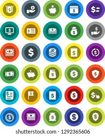 White Solid Icon Set- exchange vector, dollar coin, cash, money bag, piggy bank, investment, receipt, medal, flag, shield, calendar, monitor, cursor, sign