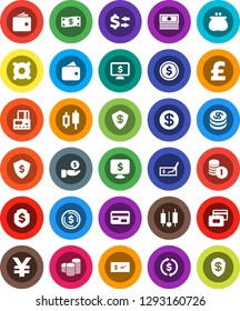 White Solid Icon Set- exchange vector, dollar coin, japanese candle, credit card, wallet, cash, investment, stack, check, shield, monitor, any currency, pound, yen sign