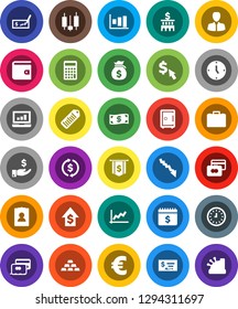 White Solid Icon Set- exchange vector, graph, japanese candle, laptop, credit card, wallet, crisis, money bag, manager, case, investment, dollar growth, check, bank building, calculator, clock, flag