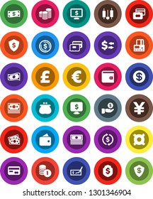 White Solid Icon Set- exchange vector, dollar coin, japanese candle, credit card, wallet, cash, investment, stack, check, shield, monitor, any currency, euro sign, pound, yen, money