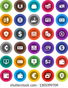 White Solid Icon Set- exchange vector, dollar coin, japanese candle, credit card, wallet, cash, investment, stack, check, shield, monitor, euro sign, cent, money