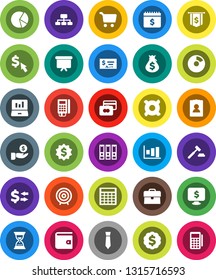 White Solid Icon Set- exchange vector, graph, pie, cart, laptop, credit card, wallet, money bag, case, investment, auction, check, calculator, target, binder, sand clock, presentation board, flag