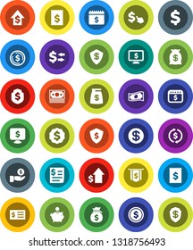White Solid Icon Set- exchange vector, dollar coin, cash, money bag, piggy bank, investment, growth, receipt, medal, flag, shield, calendar, monitor, cursor, sign